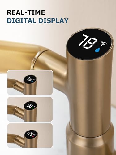 Rotatable Bathroom Faucet with Temperature Display in Fahrenheit (Batteries-Free), 3 Water Outlet Modes, Brushed Copper - color: Brushed Copper