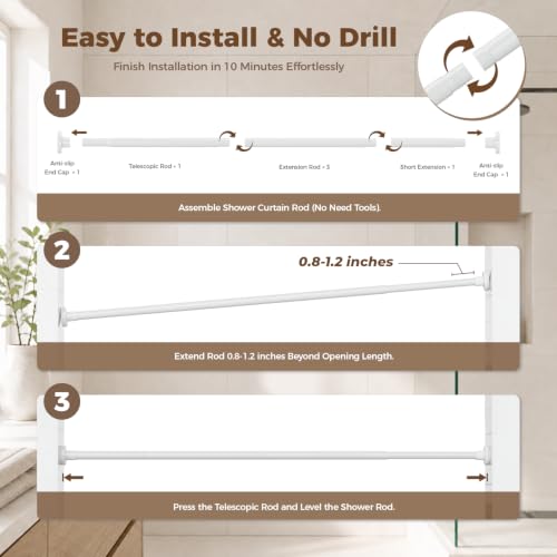 HYSEYY Heavy Duty Shower Curtain Rod,26-80inch Adjustable Tension Rod White | No Drilling Shower Rods for Bathroom, 1" Diameter Spring Tension Curtain Rod, Non Slip Rust Proof Curtain Rod for bathtubs - color: White