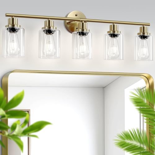 5-Light Bathroom Vanity Lights, E26 Modern Brushed Gold Bathroom Light Fixtures with Clear Glass Shade, Mirror Kitchen Hallway Cabinet Living Room Sconces Wall Lights - color: Gold & Clear Glass Shade, size: 31.4 Inch : 5-Light