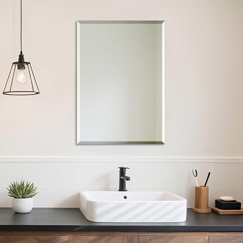 Ruomeng Wall Mirror Beveled Edge Frameless Mirror 20” x 28“ Wall Mounted Mirror for Bathroom Vanity and Entryway - size: 28"L x 20"W