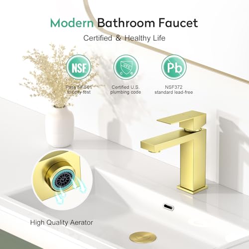 Faustina Light Gold Bathroom Faucet, Single Handle Stainless Steel Bathroom Vanity Faucet with Metal Pop-Up Drain & Deck Plate for 1 or 3 Hole - color: Gold, style: Classic