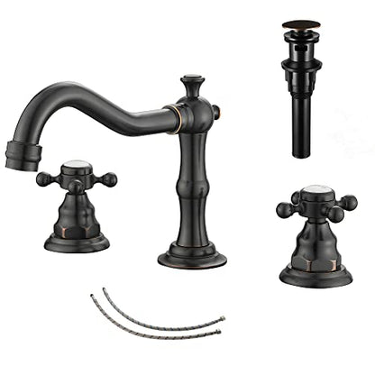 2 Handles 3 Holes Faucet Widespread Bathroom Sink Faucet Oil Rubbed Bronze Basin Tap Mixer Supply Hose Included Matching Pop Up Drain - color: Bronze, style: Ceramic Cover