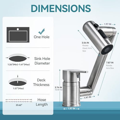 1080°Rotatable Bathroom Vanity Faucet 1 Hole, Height Adjustable Single Handle Sink Faucet Bathroom with 3 Water Outlet Modes - color: Nickel-2