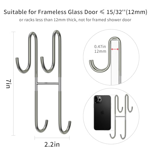 Over Shower Glass Door Hook, 2 Pack Silver 304 Stainless Steel Extended Shower Door Hooks, Bathroom Frameless Drilling-Free Hanger, Double Side Towel Hooks, for Bathing Suits, Robe, Loofah, Shaver - color: Silver