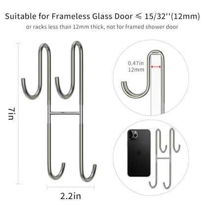 Over Shower Glass Door Hook, 2 Pack Silver 304 Stainless Steel Extended Shower Door Hooks, Bathroom Frameless Drilling-Free Hanger, Double Side Towel Hooks, for Bathing Suits, Robe, Loofah, Shaver - color: Silver