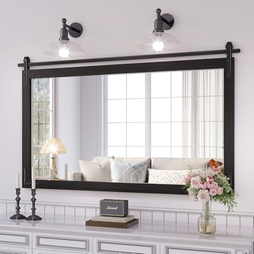 Farmhouse Bathroom Mirror, 48"x30" Black Rustic Bathroom Mirrors | HD glass, solid wooded framed, rectangle, explosion-proof, barn door style, anti-rust, for bathroom/bedroom/entryway - color: Black, size: 48"L x 30"W