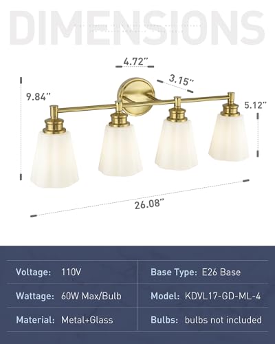 kudos 4-Light Brushed Gold Vanity Light, Milk White Glass Shade | 19" bathroom light fixtures over mirror, upward or downward, E26 base, bulbs not included, Hardwired, KDVL17-GD-ML-4 - size: 4-Light