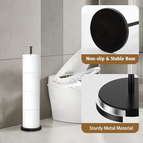Toilet Paper Holder Stand with Reserve Function,Matte Black,Sturdy Metal | No Drilling,Easy to Install Free Standing Toilet Paper Holder,Rustproof Toilet Paper Holder Free Standing with Non-Slip Base
