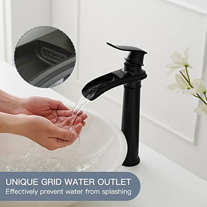 BWE Vessel Sink Faucet Waterfall Matte Black Bathroom Faucets Single Hole | Single Handle Bathroom Sink Faucet Tall Vessel Brass Faucet with Pop Up Drain and Water Supply Line,Solid Brass - color: Matte Black, size: 11.81 inch Vessel Version