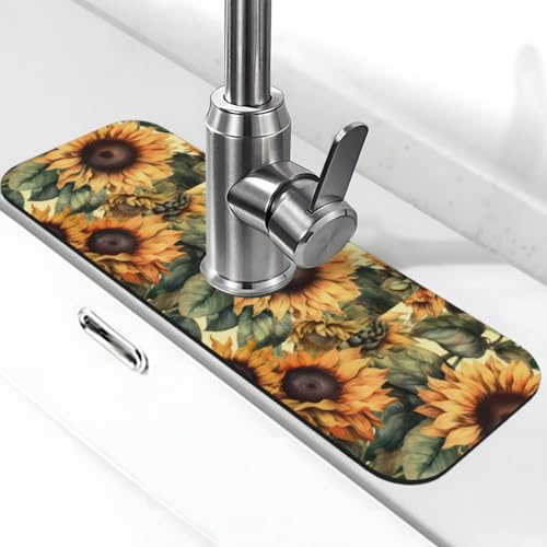 Diatomite Faucet Mat for Kitchen Fast Drying Sink & Bathroom Counter, Super Absorbent Water Sink Protectors Prevent Moisture Buildup, Sink Splash Guard Sunflower Pattern - color: Sunflowers1