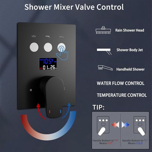 Temperature Display Full Body Shower Faucet Set with 6 pcs Body Jets 12 inch Square Rainfall Shower Head with Handheld Spray Wall Mounted Rough-in Valve and Trim Included,Matte Black - color: Matte Black
