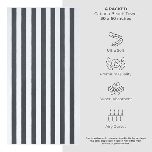 American Soft Linen Cabana Striped Beach Towels, 30x60 inch 4 Piece Oversize Pool Towels, Quick Drying Sand Free Swim Towels, Gray - color: Dark Grey
