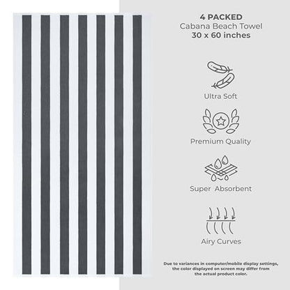 American Soft Linen Cabana Striped Beach Towels, 30x60 inch 4 Piece Oversize Pool Towels, Quick Drying Sand Free Swim Towels, Gray - color: Dark Grey