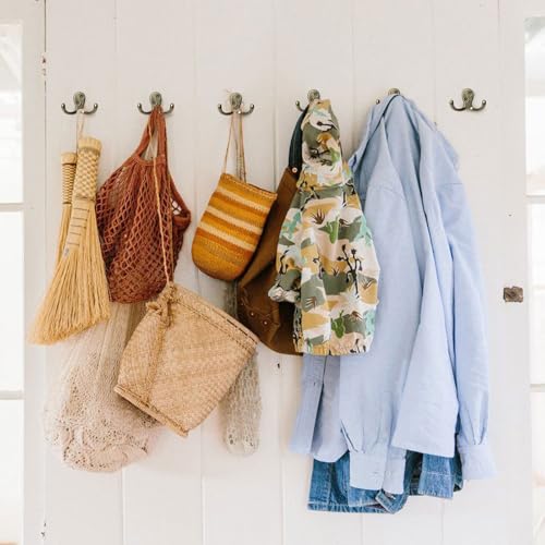 Homanu 10 Pack Coat Hooks, Heavy Duty Double Prong Coat Hooks Wall Mounted with 20 Screws, No Rust Antique Brass Metal Wall Hooks for Hanging Towel, Coat, Bag, Hat, Cup, Key - color: 10 Pcs Antique Brass