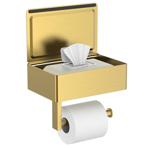 FORIOUS Toilet Paper Holder with Shelf, Wall-Mounted Modern Wipes Dispenser | Brushed Gold | Toilet Paper Holder with Storage | Flushable Wipes Dispenser for Bathroom | Sanitary Napkin Tampon Holder - color: Brushed Gold, size: 1 Pack-8" (L)