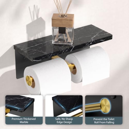 FORIOUS Toilet Paper Holder with Shelf, Commercial Toilet Paper Dispensers | Brushed Gold | Wall Mount Bathroom Tissue Holder | SUS304 Stainless Steel Rustproof | Double Tissue Roll Holder - color: Black & Gold-marble