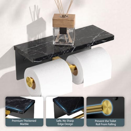 FORIOUS Toilet Paper Holder with Shelf, Commercial Toilet Paper Dispensers | Brushed Gold | Wall Mount Bathroom Tissue Holder | SUS304 Stainless Steel Rustproof | Double Tissue Roll Holder - color: Black & Gold-marble