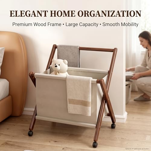 Foldable laundry cart with X-Frame – Small Bamboo wood laundry hamper | Laundry Hamper on Wheels, Collapsible Space Saving, Removable Cotton Liner, For Bathroom, RV, Dorm