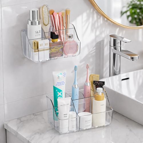 Sotfamily Clear Kids Toothbrush Holders for Bathrooms, 2-Pack(No-Drill) | Space-Saving Wall-Mounted Tooth Brush & Toothpaste Holder for Bathroom Countertop or Wall, Bathroom Organizers and Storage - size: 2 Packs