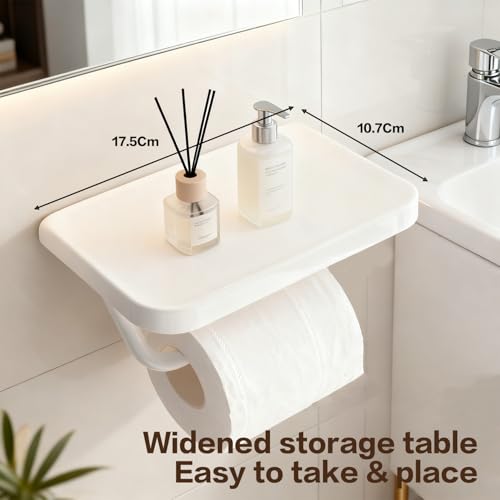 Self Adhesive Toilet Paper Holder with Shelf, No Drill Wall Mounted Bathroom Tissue Holder, Sticky TP Roll Holder with Phone Shelf for RV, White