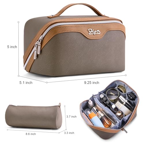 BOYATU Travel Makeup Bag Organizer Cosmetic Bag: 3 Pcs Set Make up Bags for Women with Handle - Waterproof Vegan Leather Toiletry Bags Travel Essentials Pouch with Compartments (A-02-Grey) - color: 02-B-Grey