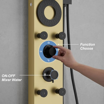 Hoimpro Brushed Gold LED Shower Panel Tower System,2 In 1Function Shower Panel Light Rainfall Waterfall Shower Rain Massage System with Body Jets Handheld Shower Sprayer, Stainless Steel, Wall Mount - color: Gold