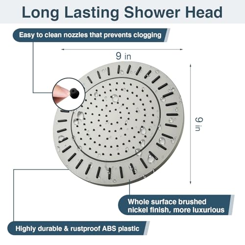 BRIGHT SHOWERS Rain Shower Head, 9 Inch High Pressure Waterfall Showerhead with Adjustable Angle and Anti-clogging Silicone Nozzles, Luxury Bathroom Overhead Shower, Brushed Nickel - color: Brushed Nickel