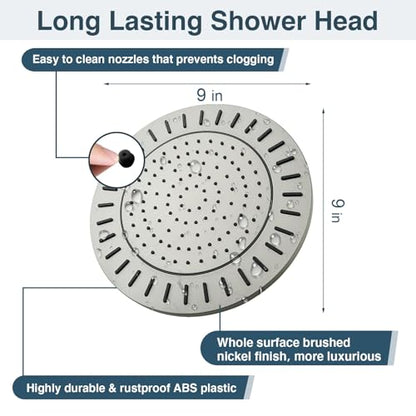 BRIGHT SHOWERS Rain Shower Head, 9 Inch High Pressure Waterfall Showerhead with Adjustable Angle and Anti-clogging Silicone Nozzles, Luxury Bathroom Overhead Shower, Brushed Nickel - color: Brushed Nickel