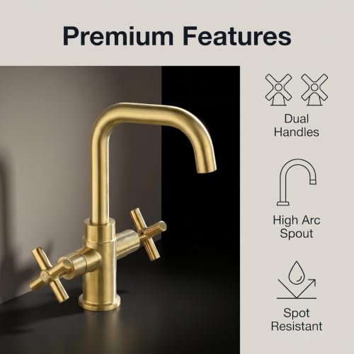 Modern Brushed Gold Bathroom Sink Faucet, 4 Inch Single Hole or 3 Hole Centerset, 2-Handle Cross Handle, 360-Degree Swivel Spout, 1.2 GPM Soft Water Flow, Pop Up Drain - color: Brushed Gold