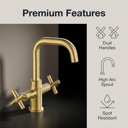 Modern Brushed Gold Bathroom Sink Faucet, 4 Inch Single Hole or 3 Hole Centerset, 2-Handle Cross Handle, 360-Degree Swivel Spout, 1.2 GPM Soft Water Flow, Pop Up Drain - color: Brushed Gold