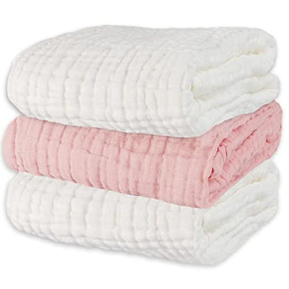 Baby Muslin Bath Towel 3Pack 40"x40", 6-Layer Cotton for Newborn - color: White & Pink