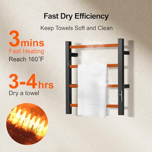 HARNDY Electric Towel Rack with Voice Control for Alexa & Google Home,TUYA - Wall-Mounted Bathroom Heating Towel Warmer,Plug-in,Stainless Steel Material (Square Black with Timer, 4 Bar) - color: Square Black With Timer, size: 4 Bar