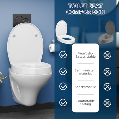 Elevated Toilet seat 3 Inch, Round Toilet seat risers for Seniors, Slow Close, Heavy Duty, Never Loosen, Raised Toilet seat Round Bowl, White(17.3”)