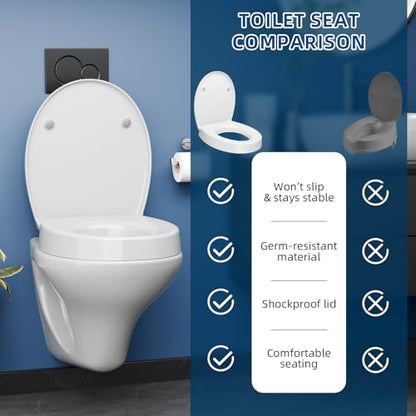 Elevated Toilet seat 3 Inch, Round Toilet seat risers for Seniors, Slow Close, Heavy Duty, Never Loosen, Raised Toilet seat Round Bowl, White(17.3”)