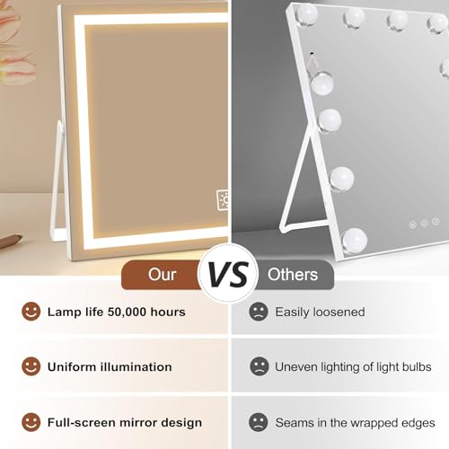 14 Inch LED Vanity Makeup Mirror with Lights, Large Metal Frame Lighted Tabletop Mirror with 3 Color Dimmable Touch Control, 360° Rotation for Bathroom Bedroom