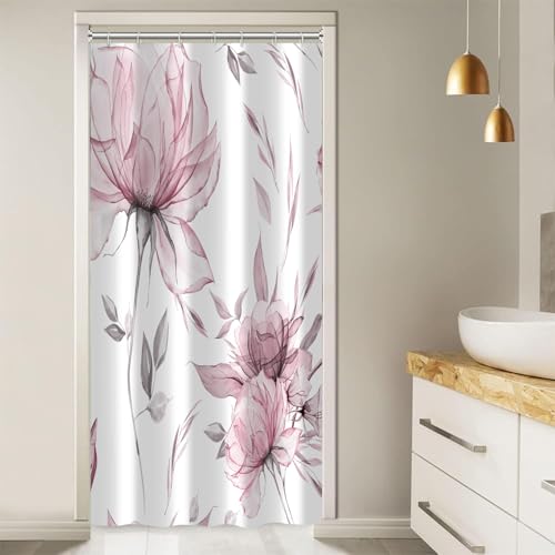Pink Grey Watercolor Floral Shower Curtain, Flower Leaves Minimalist Aesthetic Art Shower Curtains for Bathroom Sets Decor, Waterproof Polyester Cloth Fabric with 12 Hooks,36x72 Inch - color: Pink, size: 36"W x 72"L (Pack of 1)