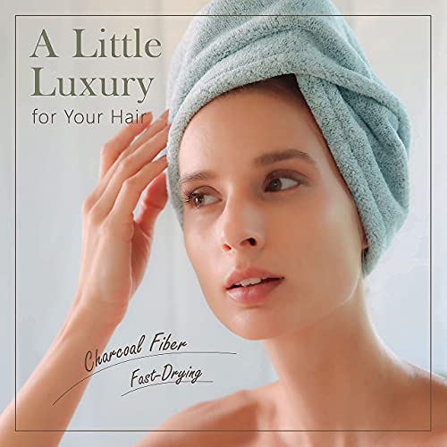 myHomeBody Hair Towel Wrap, Quick Drying Turban, Absorbent Cap – Green | Hair Turban Towel for wet hair, Ultra Soft Charcoal Fiber Cap, Towel Head Wrap for bathing with Coconut Shell Button - color: Pine Green