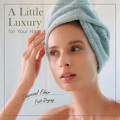 myHomeBody Hair Towel Wrap, Quick Drying Turban, Absorbent Cap – Green | Hair Turban Towel for wet hair, Ultra Soft Charcoal Fiber Cap, Towel Head Wrap for bathing with Coconut Shell Button - color: Pine Green