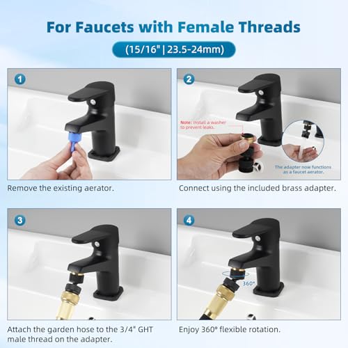 Hibbent Swivel Faucet Adapter Kit, Solid Brass 3/4" Garden Hose Connector, 360 Degree Kitchen Sink Faucet Adapter for Female & Male to Male, Matte Black - color: Matte Black, style: Female Thread