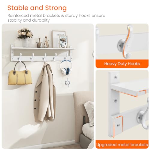 Homode Coat Rack With Wall Shelf, 29" Wooden Entryway Floating Shelf With Hooks Underneath, Hanging Coat Hanger for Bathroom, Living Room, Bedroom, Hallway, White - color: White, size: 29 Inch Long