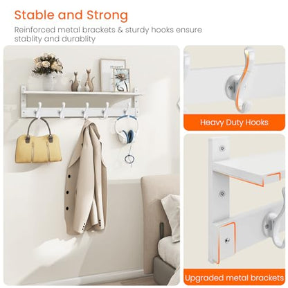 Homode Coat Rack With Wall Shelf, 29" Wooden Entryway Floating Shelf With Hooks Underneath, Hanging Coat Hanger for Bathroom, Living Room, Bedroom, Hallway, White - color: White, size: 29 Inch Long
