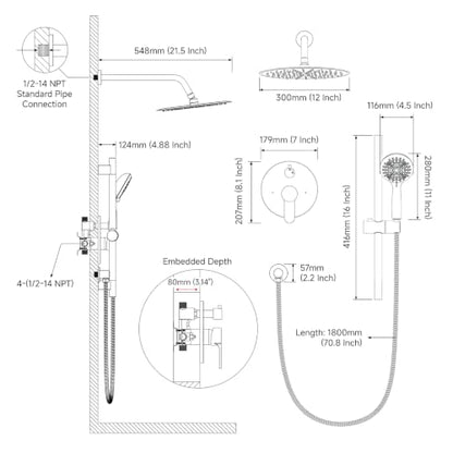 SR SUN RISE 12" Shower Faucet Set with Shower Slide Bar,Brushed Nickel | High Pressure Shower Head,6-Spray Setting,16"Adjustable Shower Slide Bar,Soild Brass,Wall Mount,Included Valve and Trim Kit - color: Brushed Nickel