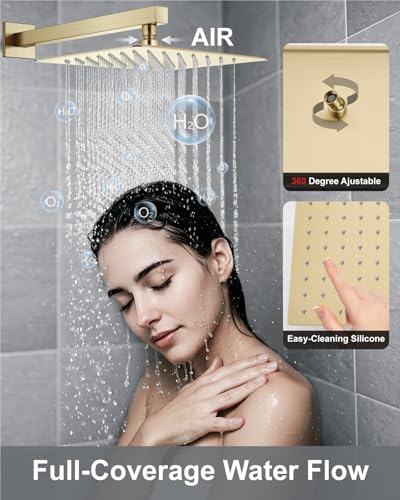 Aolemi Shower System with Rainfall Shower Head and Handheld Wall Mount,High Pressure Shower Faucet Set Fixture Combo with 2 in 1 Handheld Spray Rough-in Valve,12 Inch Shower Head Brushed Gold | High-Pressure Shower Faucet Set with Dual-Function Handheld,R