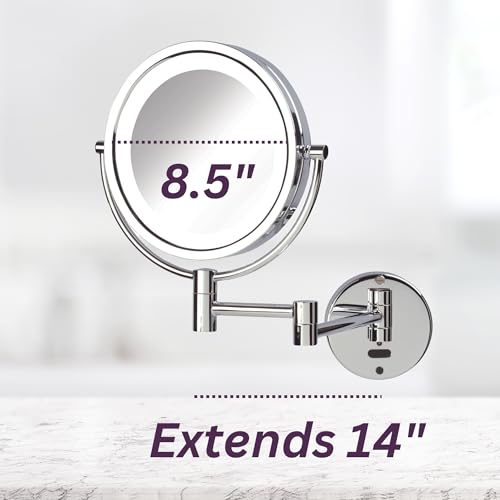 JERDON Lighted Wall-Mount Makeup Mirror - 8X - Chrome - JRT9500CL | Two-Sided Sensor Activation, 8.5" Round Frame, Swivel, 14" Wall Arm - color: Chrome
