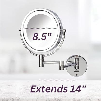 JERDON Lighted Wall-Mount Makeup Mirror - 8X - Chrome - JRT9500CL | Two-Sided Sensor Activation, 8.5" Round Frame, Swivel, 14" Wall Arm - color: Chrome