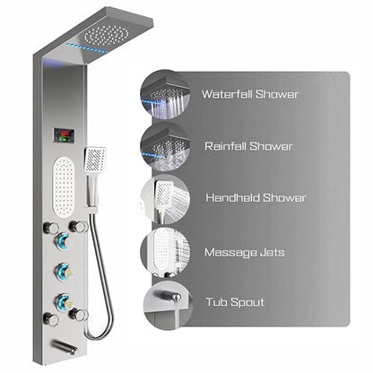 ELLO&ALLO LED Shower Panel Tower System, Rainfall and Mist Shower Head Rain Massage with Body Jets, Brushed Nickel - color: Brushed Nickel