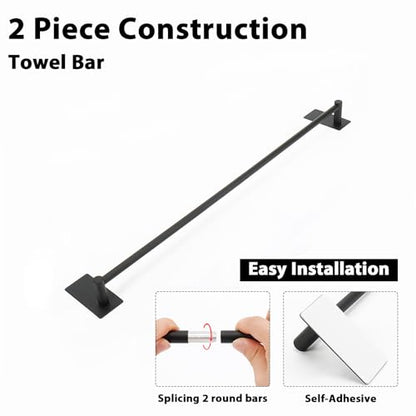 NearMoon Self Adhesive Bathroom Towel Bar- Stainless Steel Bath Wall Shelf Rack Hanging Towel Stick On Sticky Hanger Contemporary Style, NO Drilling (1 Pack, Matte Black, 24-Inch Towel Rack) - color: Matte Black, size: 24-Inch
