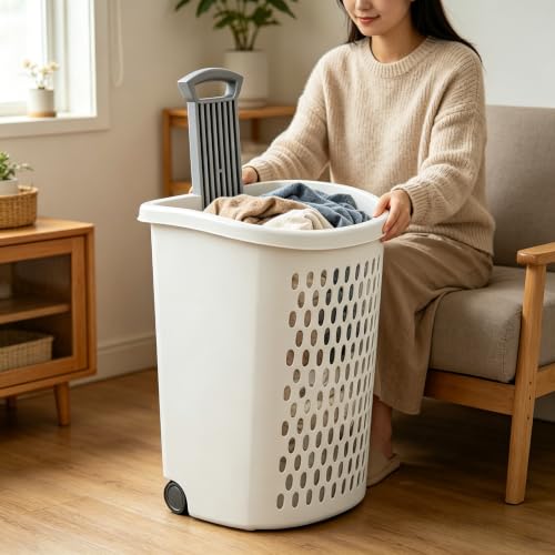 White Laundry Basket, Lid & Wheeled Plastic Laundry Hamper, Hamper with Retractable Handle, Rolling Laundry Hamper for Room, Bathroom, Dormitory, Bedroom