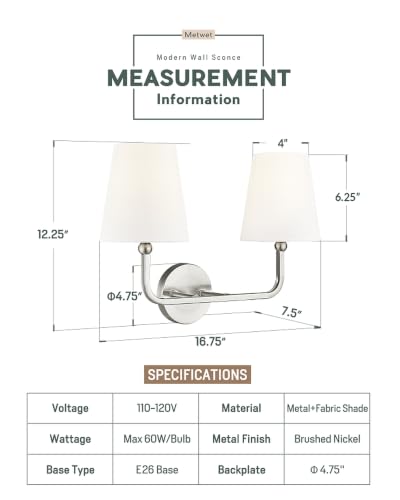 2-Light Brushed Nickel Bathroom Vanity Light, White Fabric Shades | 17" double wall sconce, upward only, E26 base, hardwired, bulbs not included, VL837-BN-2 - color: Brushed Nickel, size: 2-light