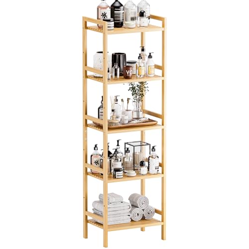 HITNET Tall Narrow Bookshelf, 5 Tier Bathroom Shelf Bamboo, Floor Standing Display Storage Organizer for Small Space, Adjustable Shelves, Natural Wood Bookcase - color: Natural